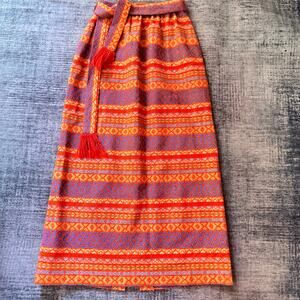 Vintage Woven Tapestry Maxi Skirt Orange Blue Aztec Boho Tassel Tie Sz S 24"